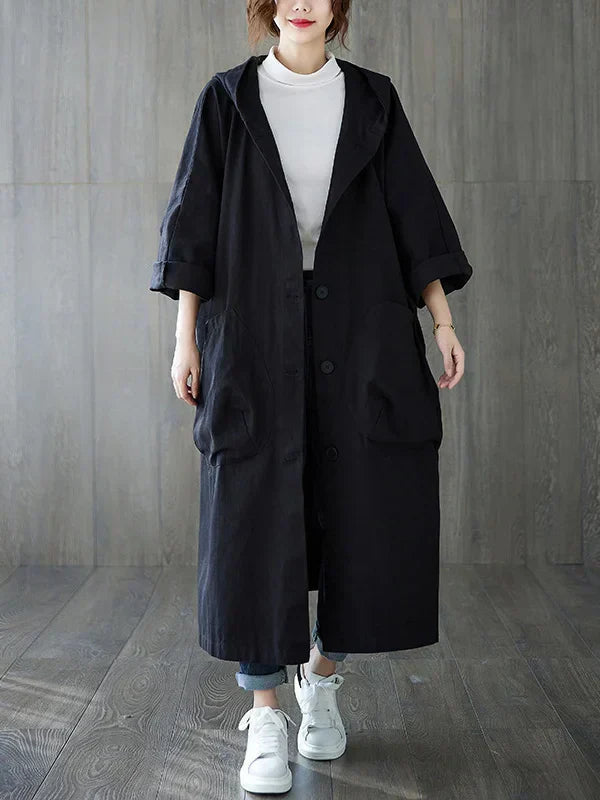 Women's Longline Coat - With Hood and Patch Pockets