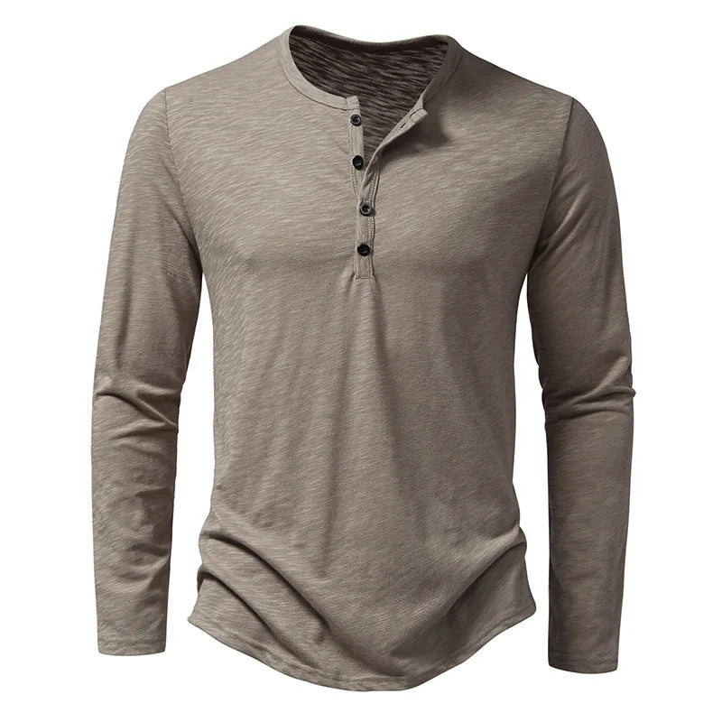 Men's Long-Sleeved Henley Shirt - Button Placket