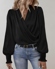 Women's Satin Wrap Blouse - V-Neck with Ruched Cuffs