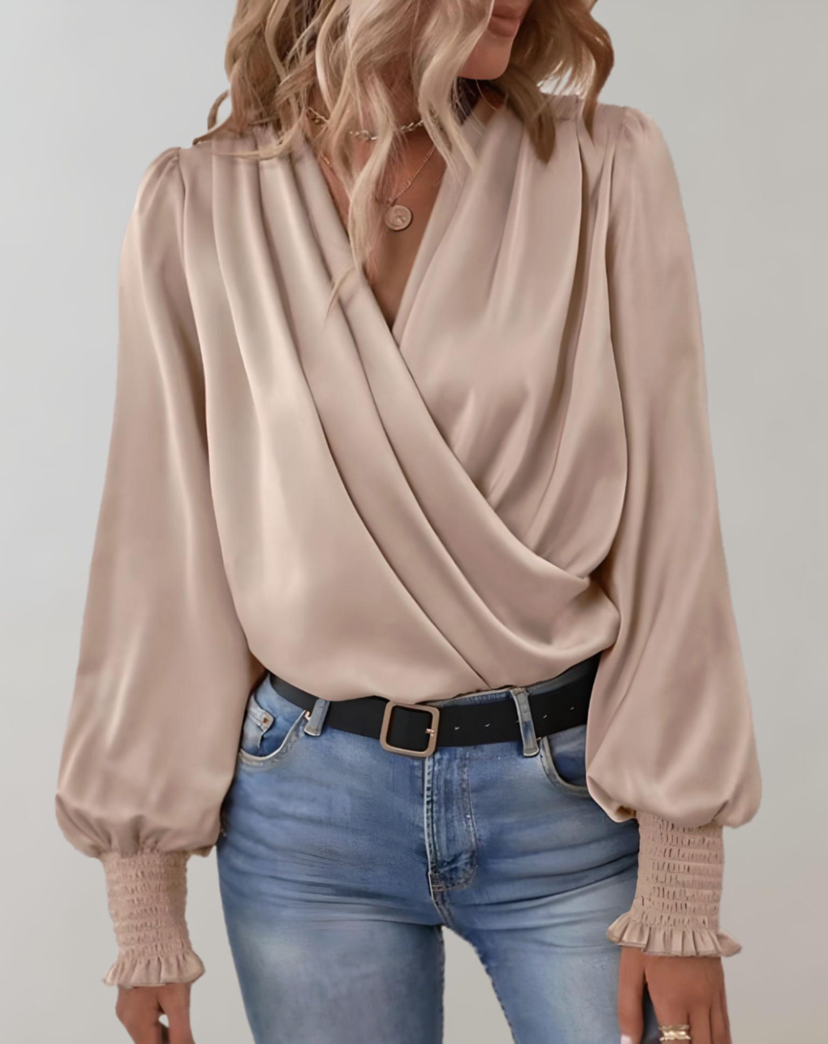 Women's Satin Wrap Blouse - V-Neck with Ruched Cuffs