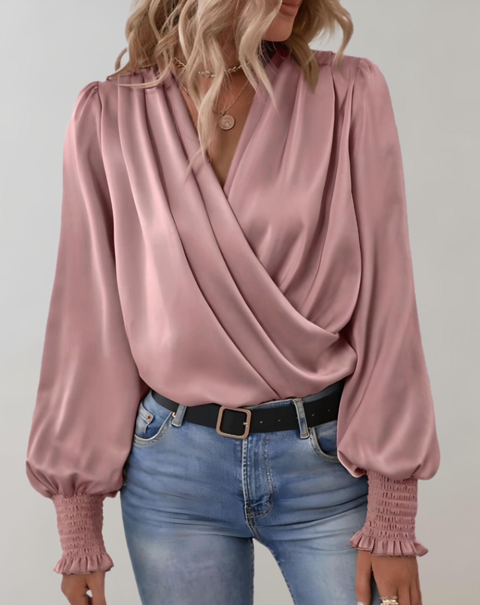 Women's Satin Wrap Blouse - V-Neck with Ruched Cuffs