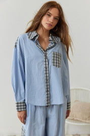 Women's Two-Piece Pyjama Set - Striped with Checked Trim