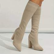 Women's Knee-High Boots - Sock Fit with Pointed Toe and High Block Heel