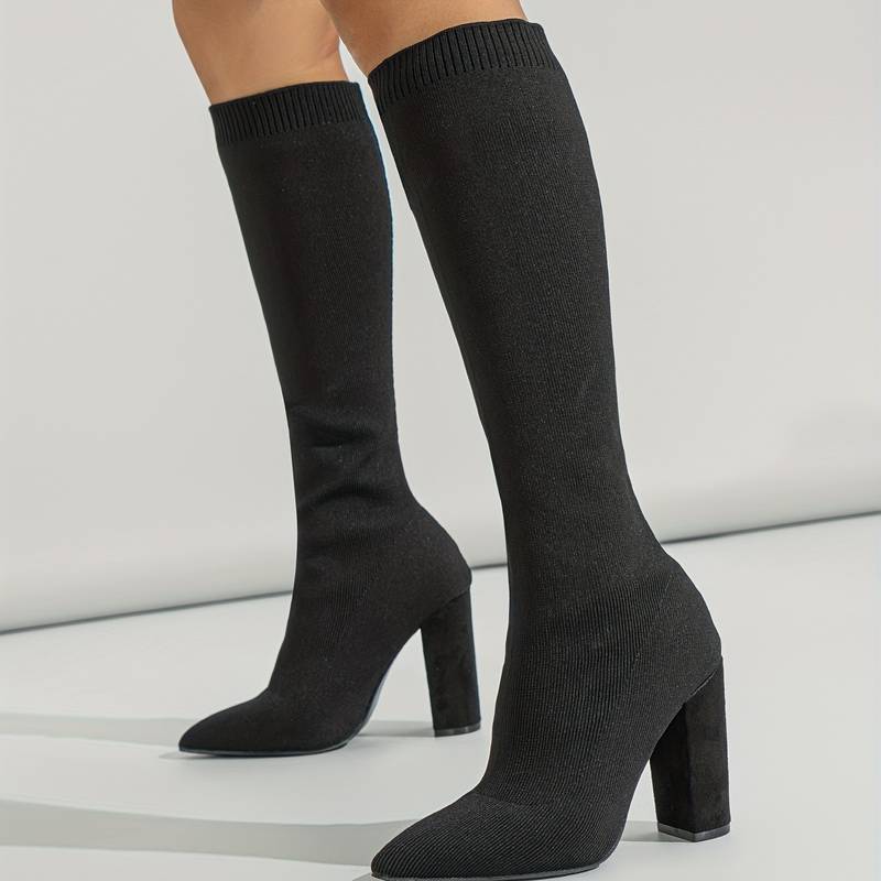 Women's Knee-High Boots - Sock Fit with Pointed Toe and High Block Heel