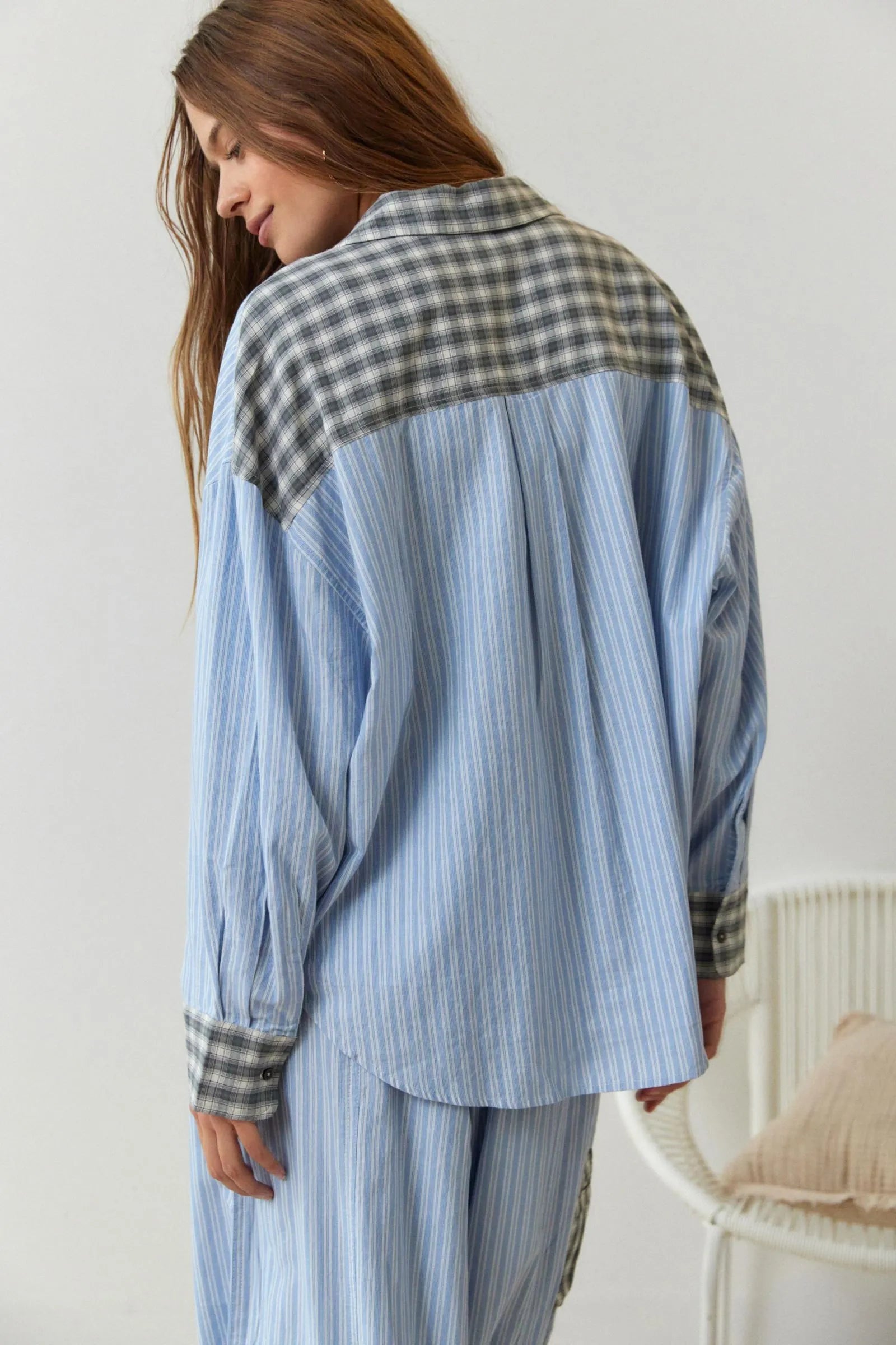 Women's Two-Piece Pyjama Set - Striped with Checked Trim
