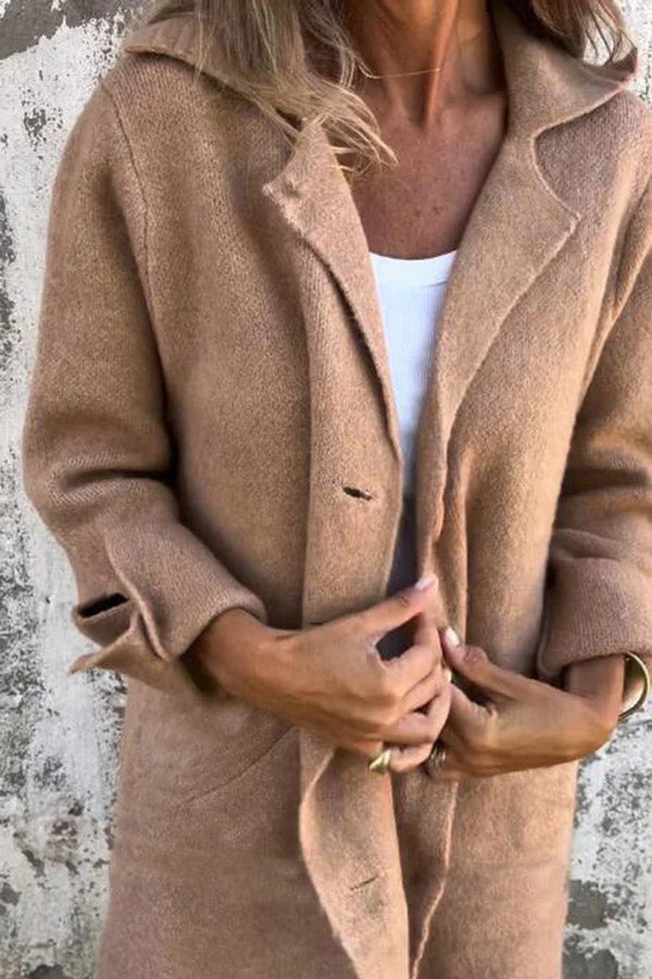 Crystalle - Solid Color Lapel Pocket Single Breasted Midi Coat for Women