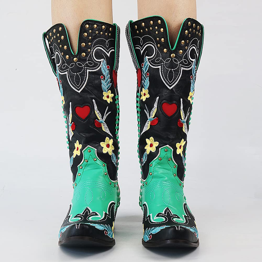 Women's Vintage Multicolour Floral Embroidered Cowboy Boots - Comfortable