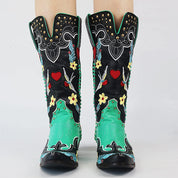 Women's Vintage Multicolour Floral Embroidered Cowboy Boots - Comfortable