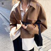 Women's Brown Leather Jacket - Cropped Style with Shirt Collar
