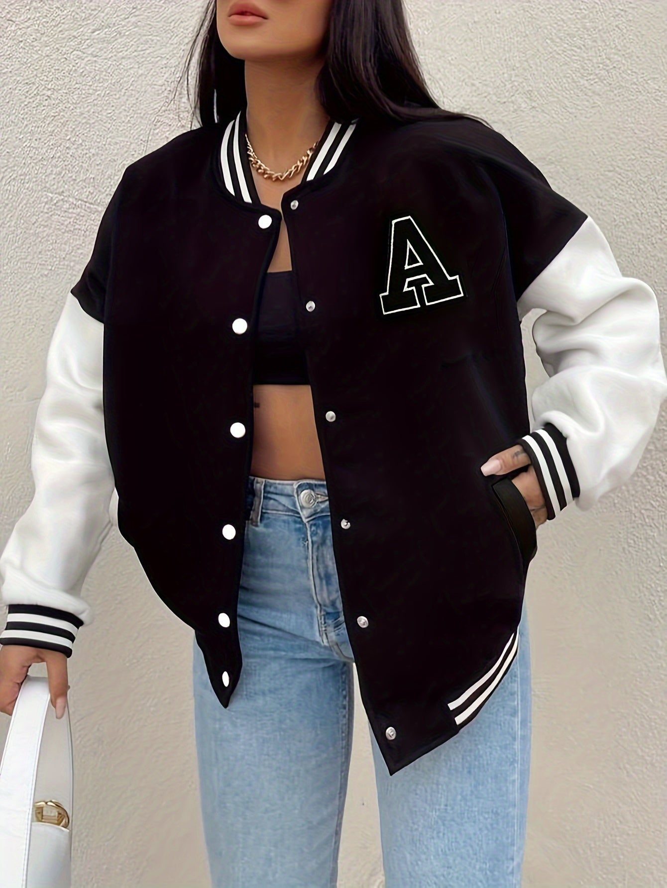 Women's Black Varsity Jacket - Button Front with Striped Ribbed Trim