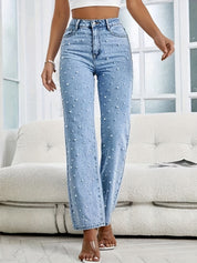Women's Light Blue Straight-Leg Jeans - High-Waisted & Pearl Embellishments