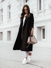 Women's Formal Longline Coat - Waist Belt and Notch Lapel Design