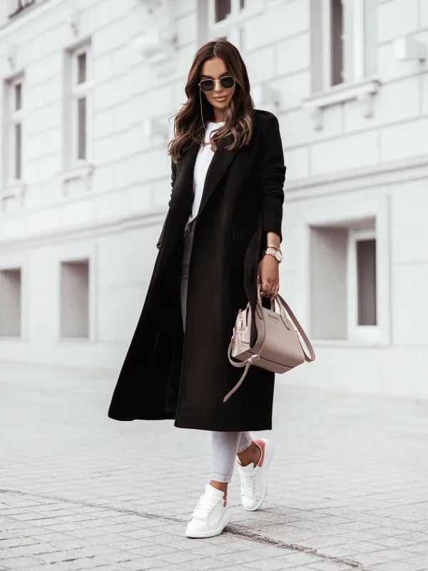 Women's Formal Longline Coat - Waist Belt and Notch Lapel Design