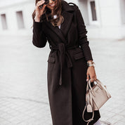 Women's Formal Longline Coat - Waist Belt and Notch Lapel Design