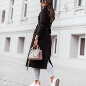 Women's Formal Longline Coat - Waist Belt and Notch Lapel Design
