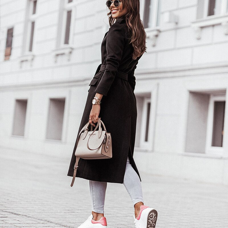 Women's Formal Longline Coat - Waist Belt and Notch Lapel Design