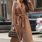 Women's Formal Longline Coat - Waist Belt and Notch Lapel Design