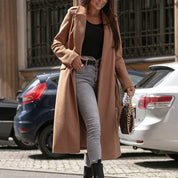 Women's Formal Longline Coat - Waist Belt and Notch Lapel Design
