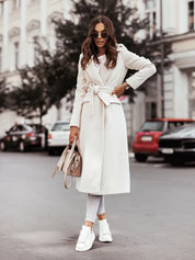 Women's Formal Longline Coat - Waist Belt and Notch Lapel Design