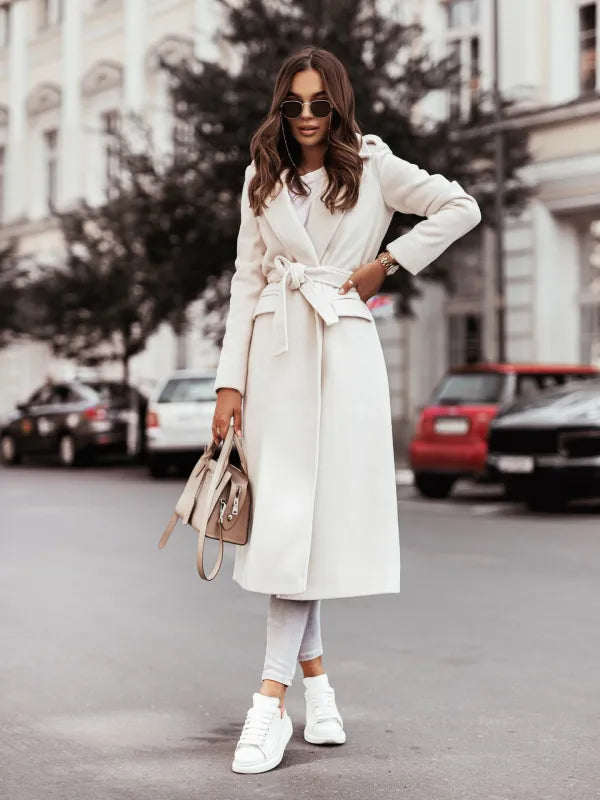 Women's Formal Longline Coat - Waist Belt and Notch Lapel Design
