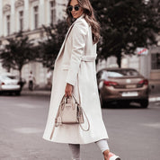 Women's Formal Longline Coat - Waist Belt and Notch Lapel Design