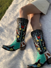 Women's Vintage Multicolour Floral Embroidered Cowboy Boots - Comfortable