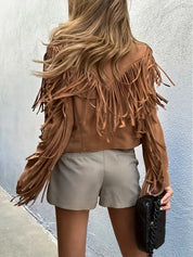 Women's Brown Jacket - Fringe Trim with Cropped Fit