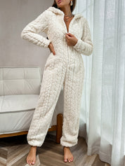 Women's White Onesie - Plush Quilted Hooded Jumpsuit with Zip