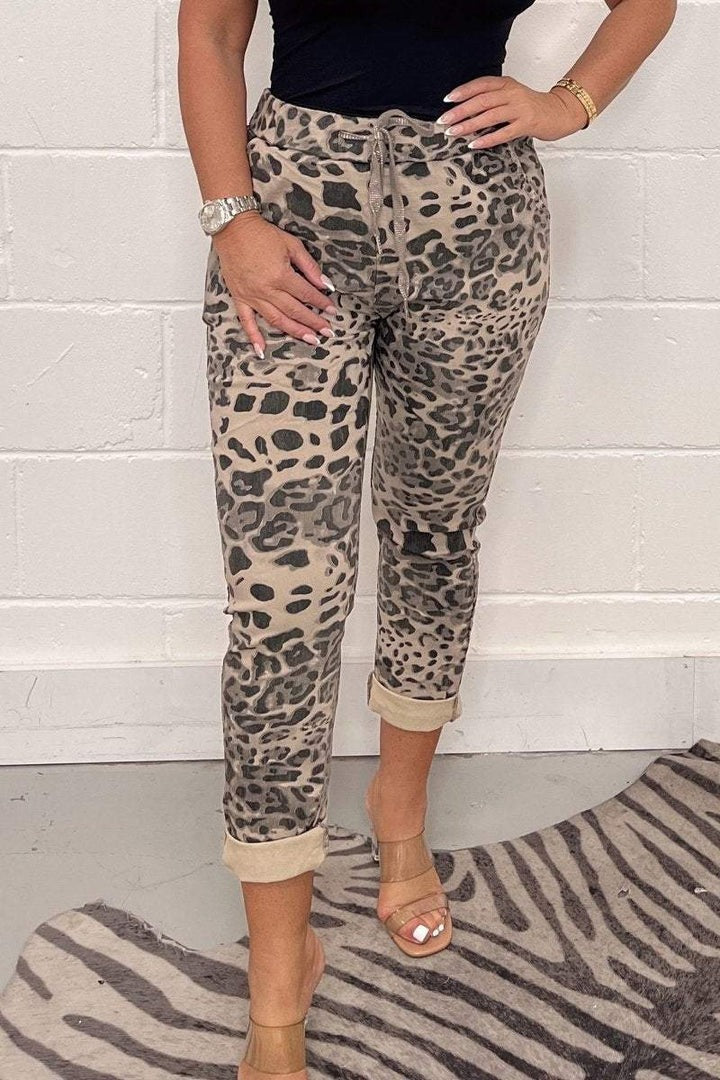 Women's Leopard Print Drawstring Trousers - Comfortable Cuffed Casual