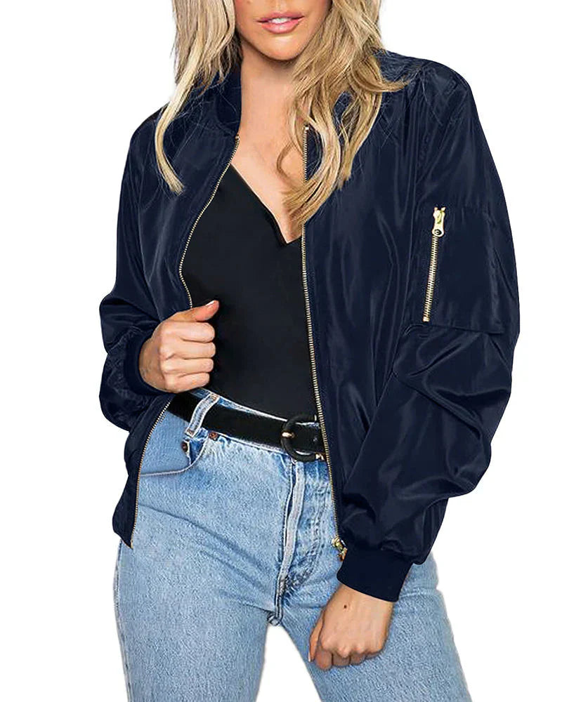 Women's Bomber Jacket - Full Zip with Side & Sleeve Pockets