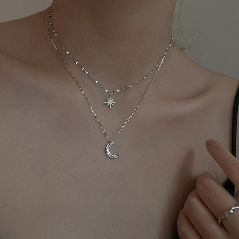 Women's Silver Layered Necklace - Star and Moon Pendant