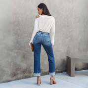 Women's High-Waist Straight-Leg Jeans – Rolled Cuffs and Faded Wash