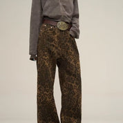 Women's Leopard Print Jeans - Belt Fashionable Leisure