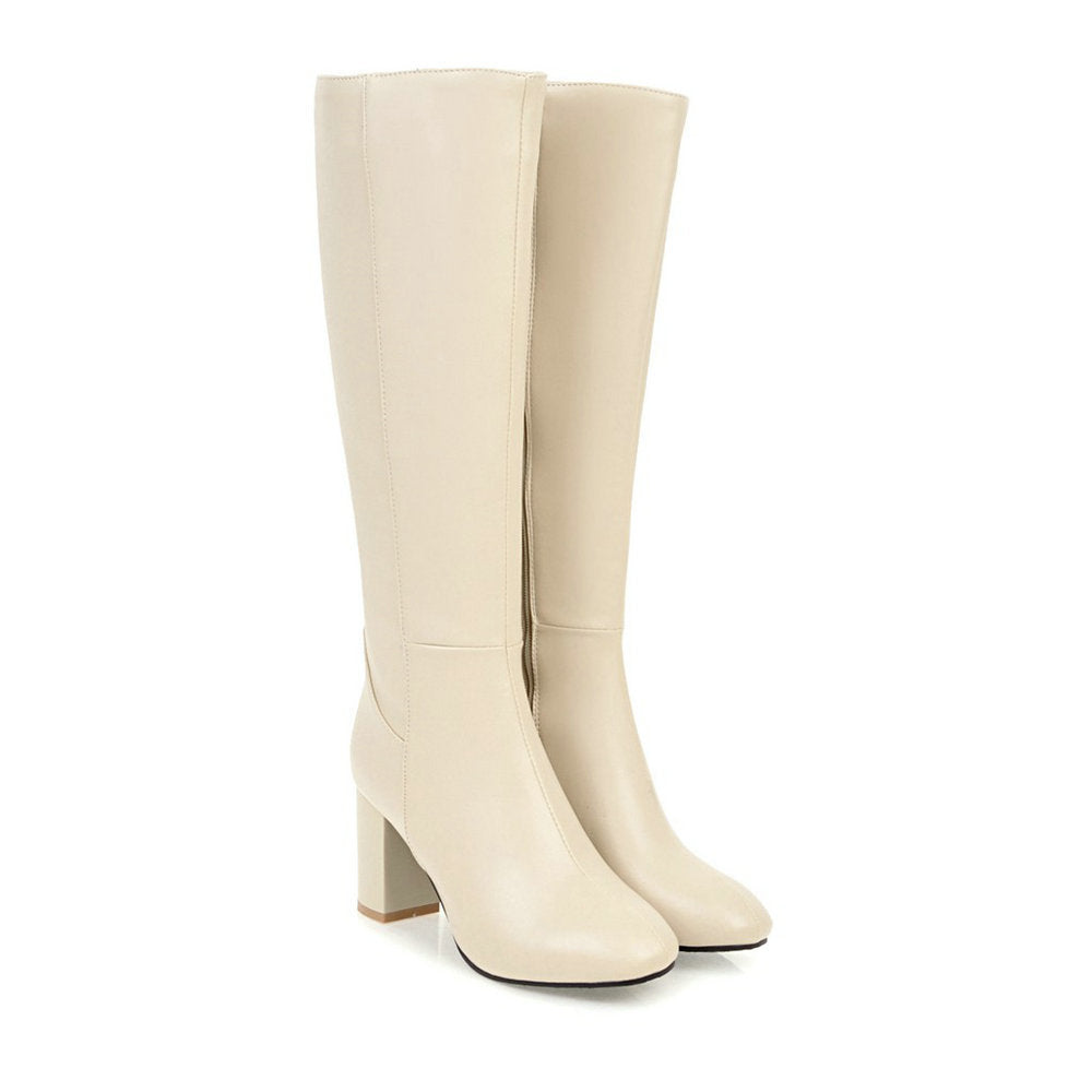 Women's Knee-High Boots - Side Zip with High Block Heel