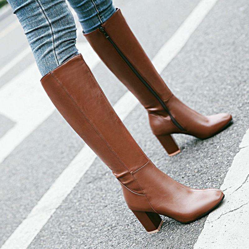 Women's Knee-High Boots - Side Zip with High Block Heel