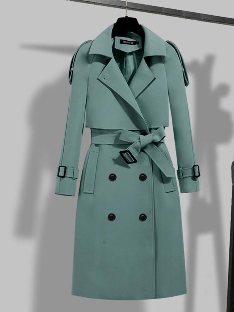 Women's Elegant Long Trench Coat - Double-Breasted & Belted