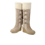 Women's Knee-High Boots - Wedge Heel with Fold-Over Cuff and Tassel Tie
