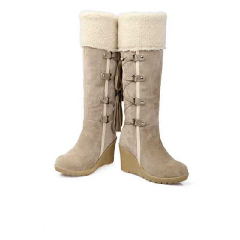 Women's Knee-High Boots - Wedge Heel with Fold-Over Cuff and Tassel Tie