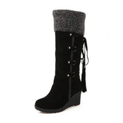 Women's Knee-High Boots - Wedge Heel with Fold-Over Cuff and Tassel Tie