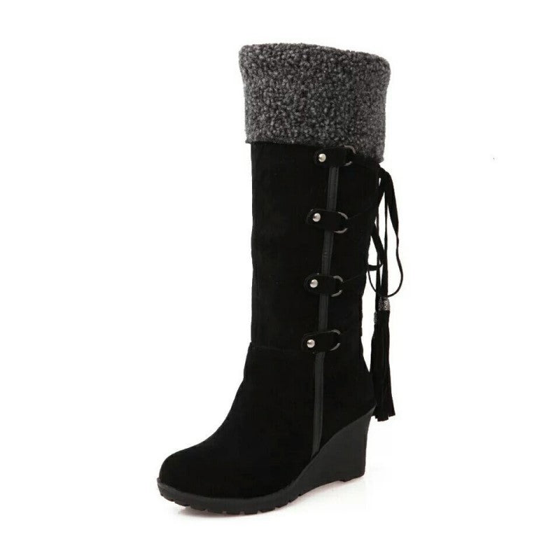 Women's Knee-High Boots - Wedge Heel with Fold-Over Cuff and Tassel Tie