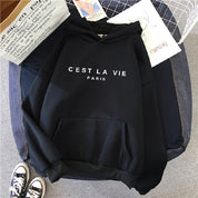 Women's Loose Fit Hoodie - 'C'est La Vie' Graphic & Kangaroo Pocket