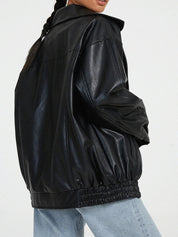 Women's Zip-Up Biker Jacket - Oversized Fit with Shirred Hem