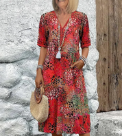 Women's Floral V-Neck Midi Dress - Short Sleeve Casual Summer Dress