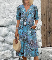 Women's Floral V-Neck Midi Dress - Short Sleeve Casual Summer Dress