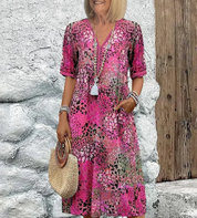 Women's Floral V-Neck Midi Dress - Short Sleeve Casual Summer Dress