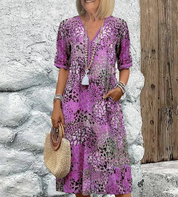 Women's Floral V-Neck Midi Dress - Short Sleeve Casual Summer Dress