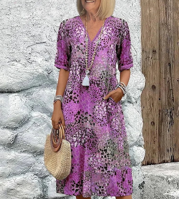 Women's Floral V-Neck Midi Dress - Short Sleeve Casual Summer Dress
