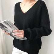 Women's V-Neck Knit Jumper- Stylish Ribbed Design