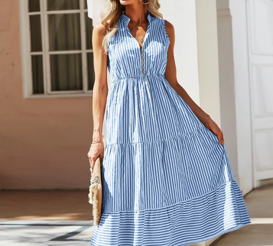 Women's Light Blue Striped Tiered Midi Dress - Button Design, Flowy Summer