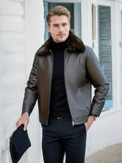 Men's Brown Leather Jacket - Stylish & Warm Fur Collar